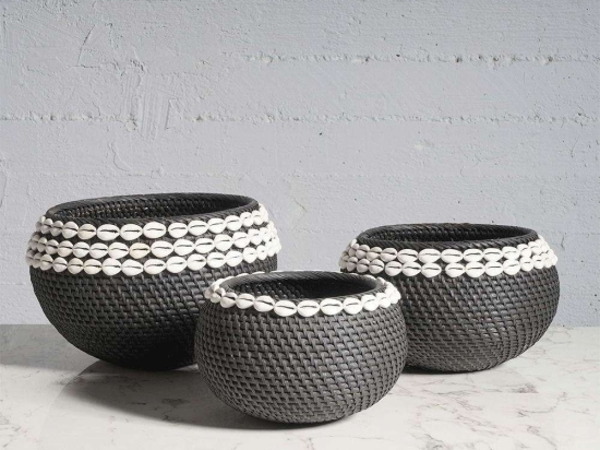 Καλάθι Κοχύλια (Σετ 3Τμχ) 2730-8 35x35x30cm Black Supergreens Rattan
