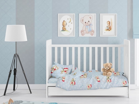 Σεντόνια Βρεφικά Εμπριμέ Σετ 3τμχ Two Lovely Bears 64 Blue DimCol Κούνιας 120x160cm Χωρίς Λάστιχο 100% Βαμβάκι