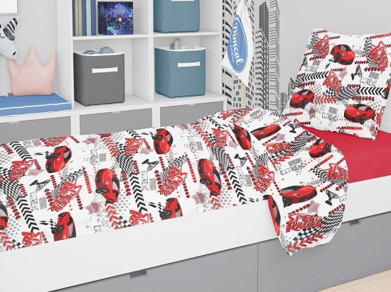 Σεντόνια Παιδικά Σετ 3τμχ Εμπριμέ Speed Racer 290 Rotary Print White-Red DimCol Μονό 160x240cm Βαμβάκι-Πολυέστερ