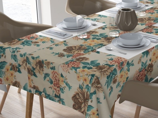 Τραπεζομάντηλο Με Τραβέρσα Vintage Flower 480 (Σετ 2τμχ) Ecru-Aqua DimCol 140Χ140 140x140cm Βαμβάκι-Πολυέστερ