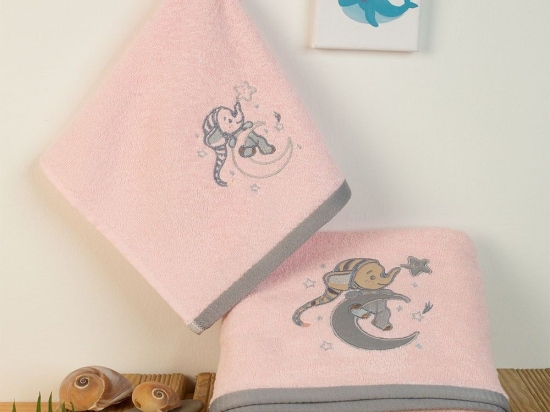 Πετσέτες Βρεφικές Με Κέντημα Dreaming Elephant 167 (Σετ 2τμχ) Pink DimCol Σετ Πετσέτες 70x140cm 100% Βαμβάκι
