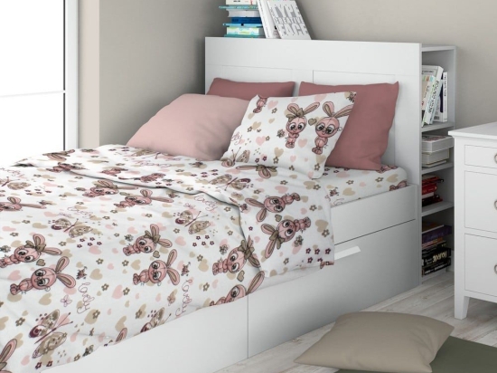 Σεντόνια Παιδικά Bunnies 30 (Σετ 3τμχ) White-Coral DimCol Μονό 160x240cm 100% Βαμβακερή Φανέλα