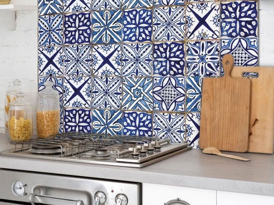 Πάνελ Αλουμινίου Εστίας Κουζίνας Blue Azulejos XL 86607 84x60cm Brown-Beige Ango