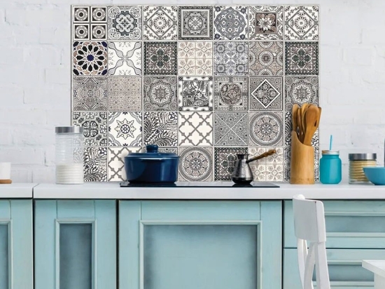 Πάνελ Αλουμινίου Εστίας Κουζίνας Grey Azulejos XL 86610 84x60cm Grey-Beige Ango