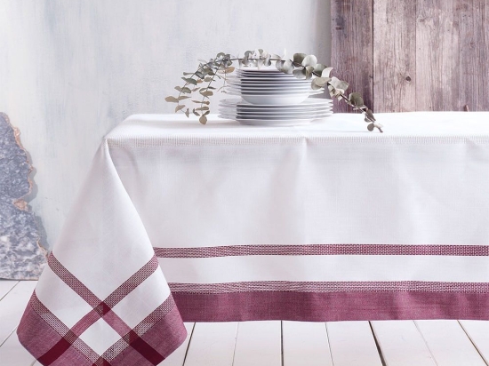 Τραπεζομάντηλο Dioni White-Bordo Ρυθμός 140 X140 140x140cm Λινό-Πολυέστερ