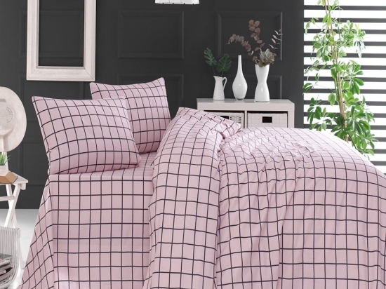 Σεντόνια Φανελένια Squares Με Λάστιχο (Σετ 4τμχ) Pink Ρυθμός Υπέρδιπλo 230x260cm 100% Βαμβακερή Φανέλα