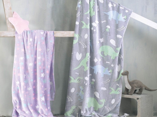 Κουβέρτα Παιδική Flannel Fleece Luminous Dinoland Grey Ρυθμός Ημίδιπλο 160x220cm Flannel