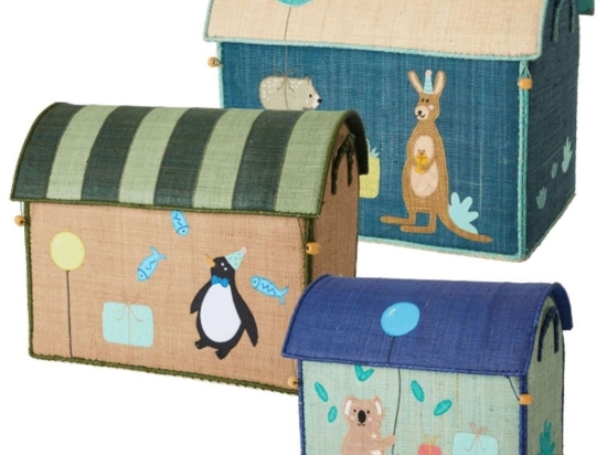 Κουτιά Παιχνιδιών (Σετ 3Τμχ) "Birthday Animals" RICE-BSHOU-3ZBIA Blue-Multi Rice Raffia