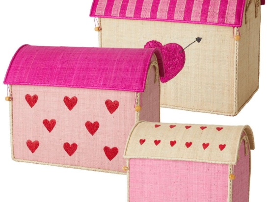 Κουτιά Παιχνιδιών (Σετ 3Τμχ) "Καρδιές" RICE-BSHOU-3ZHEA Pink-Beige Rice Raffia