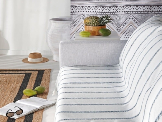 Ριχτάρι Cora 01 Off White-Blue Kentia Διθέσιο 180x250cm Βαμβάκι-Πολυέστερ