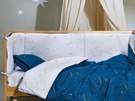 Πάντα Κούνιας Lupus 01 Blue-White-Golden Kentia 200x40cm 100% Βαμβάκι