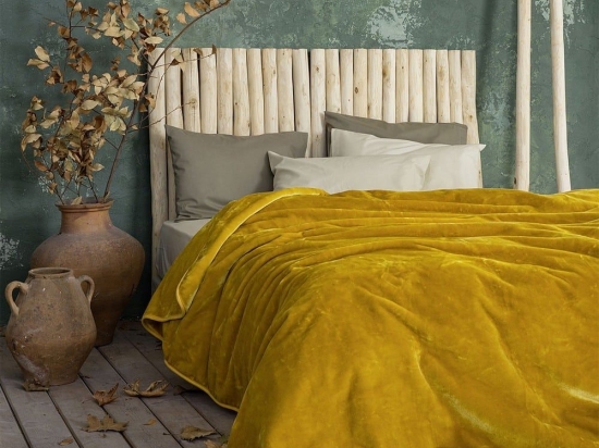 Κουβέρτα Βελουτέ Coperta Mustard Beige Nima Μονό 160x220cm Πολυέστερ