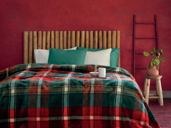 Κουβέρτα Βελουτέ Cheers Red-Green Nima Υπέρδιπλο 220x240cm Πολυέστερ