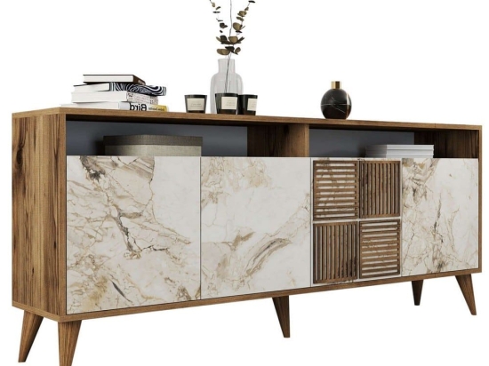 Μπουφές HM9431.03 180x35x786cm Walnut-White-Gold Μελαμίνη