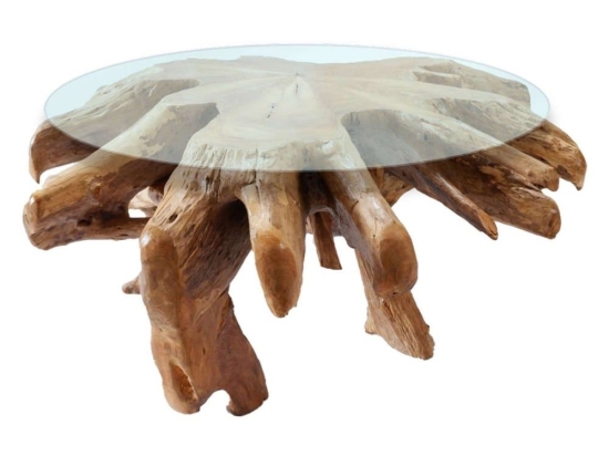Τραπέζι Σαλονιού Στρογγυλό Ρίζα HM9392 Φ80x45cm Tempered Γυαλί Teak Natural