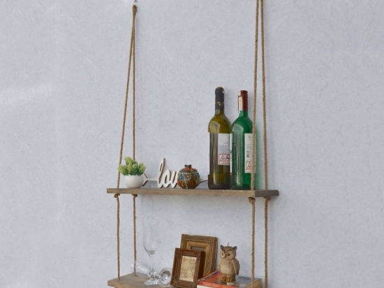 Ραφιέρα Τοίχου Preston HM8969.01 60x14x60cm Με Σχοινί & Ξύλο Walnut-Beige