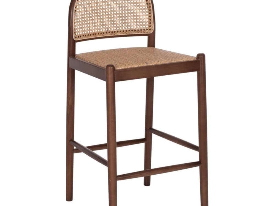 Σκαμπό Μπαρ HM9408.04 43,5x50x98cm Από Οξιά Rattan Αψίδα Πλάτη Walnut-Beige Ξύλο,Ψάθα