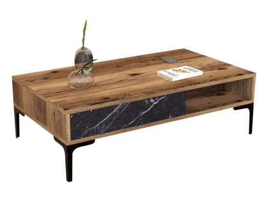 Τραπέζι Σαλονιού HM9503.04 105x60x32,6cm Μάρμαρο & Μεταλλικό Πόδι Walnut-Black-White Μελαμίνη