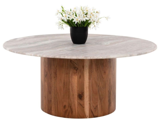 Τραπέζι Σαλονιού Formel HM9672 Φ80x36cm Από Ξύλο Ακακίας & Μάρμαρο Natural-White Μάρμαρο, Ξύλο