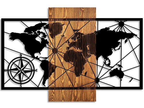 Διακοσμητικό Τοίχου World Map 899SKL2626 84x57cm Walnut-Black Wallity Μέταλλο,Ξύλο