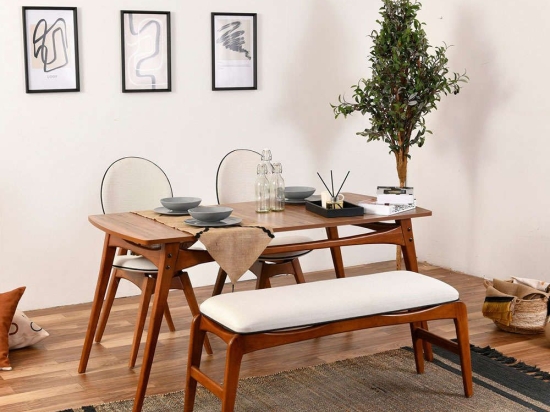 Τραπεζαρία Touch (Σετ 4Τμχ) 998VOW1174 160x78x75cm Walnut-Cream 4 Θέσεων Ξύλο,Ύφασμα