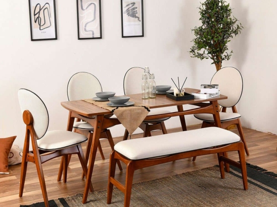 Τραπεζαρία Touch (Σετ 6Τμχ) 998VOW1175 160x78x75cm Walnut-Cream 6 Θέσεων Ξύλο,Ύφασμα