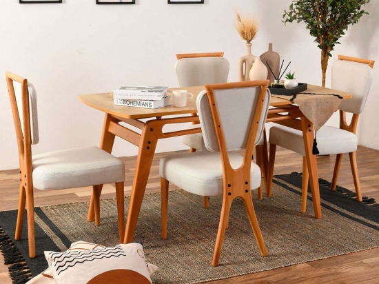 Τραπεζαρία Palace (Σετ 5Τμχ) 998VOW2107 160x80x75cm Oak-Cream 4 Θέσεων Ξύλο,Ύφασμα