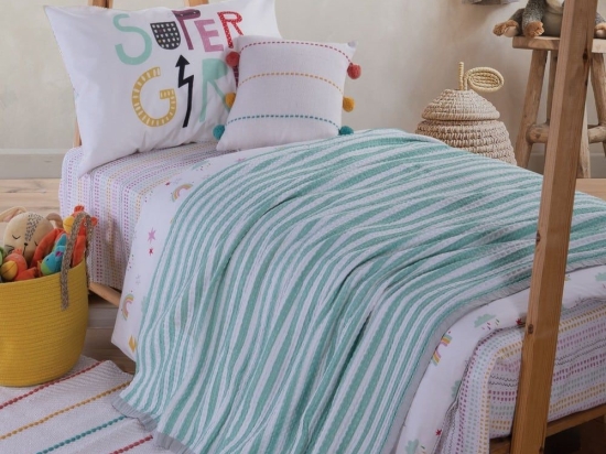 Κουβέρτα Παιδική Happy Stripe Mint Nef-Nef Μονό 160x240cm 100% Βαμβάκι