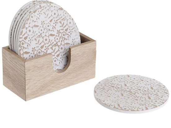 Σουβέρ Σε Βάση Αντικέ (Σετ 6Τμχ) 3-70-151-0065 11x10x6cm Natural-White Inart Ξύλο