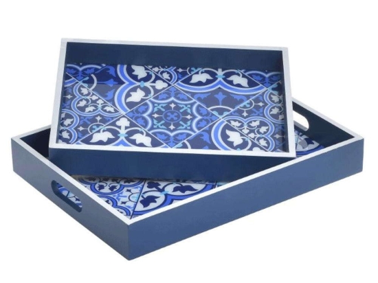 Δίσκος (Σετ 2Τμχ) 3-70-151-0554 40x30x6cm White-Blue Inart Ξύλο,Γυαλί