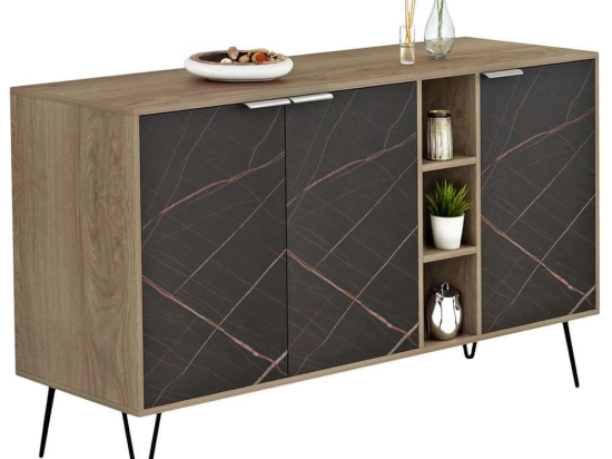 Μπουφές Cabron HM8874.12 Με Πόδια 142x40x83cm Εφέ Μαρμάρου Sonoma-Black Μελαμίνη,Μέταλλο