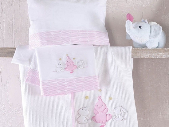 Σεντόνια Βρεφικά Με Κέντημα Elephant Friends (Σετ 3τμχ) Pink Ρυθμός Κούνιας 100x160cm 100% Βαμβάκι