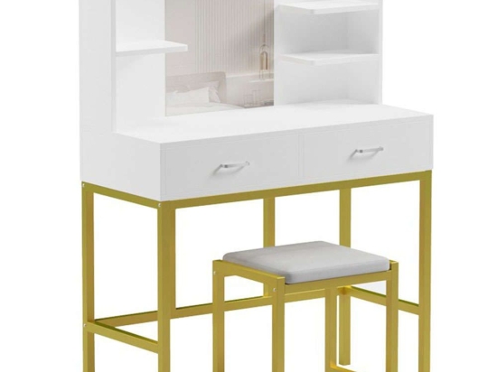 Τουαλέτα Με Καθρέπτη Και Σκαμπώ Excellence 230-000037 90x40x120cm White-Gold