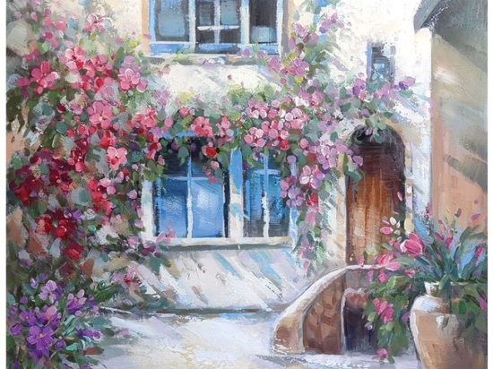 Πίνακας Καμβάς Ανθισμένη Αυλή 15-00-23534 80x80cm Multi Marhome Τετράγωνοι Ξύλο,Καμβάς