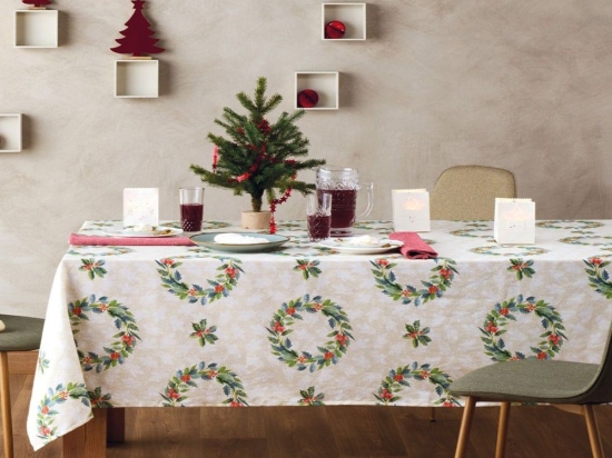 Τραπεζομάντηλο Χριστουγεννιάτικο Snow 2428 Beige-Green Kentia 135X180cm