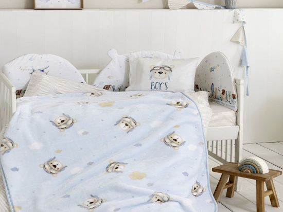 Κουβέρτα Βρεφική Boy's World Βελουτέ White-Blue Nima Κούνιας 110x140cm Βελούδο,Polyester