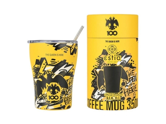 Θερμός Coffee Mug AEK BC Edition The Queen Is Here 350ml Yellow-Black Estia
