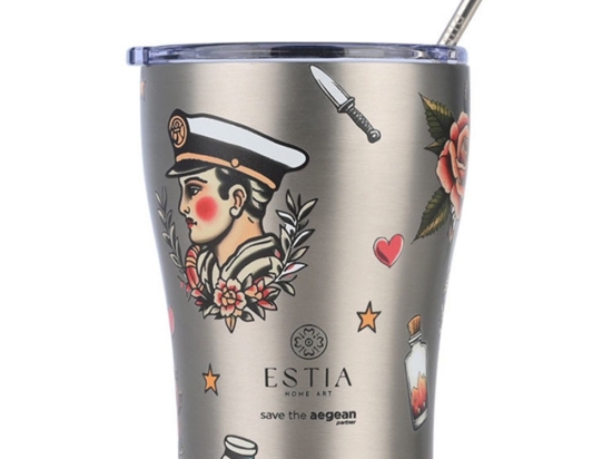 Ποτήρι - Θερμός Με Καλαμάκι Old School Ink Save The Aegean 01-31770 350ml Silver-Multi Estia