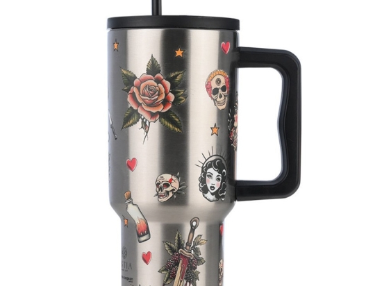 Κούπα - Θερμός Με Καλαμάκι Old School Ink Tumbler XL Save The Aegean 01-32050 900ml Silver-Multi Estia