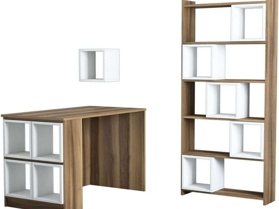 Γραφείο Με Βιβλιοθήκη Και Ραφάκι Box (Σετ 3Τμχ) 845HCT3808 120x65x75/80x22x170/30x24x30cm Walnut-White