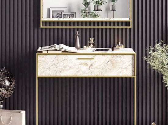 Κονσόλα Με Καθρέπτη Polka Aynali 875ZNA3510 90x38,5x76,8/90x3x37,8cm Marble Effect White-Gold Μοριοσανίδα, Μέταλλο