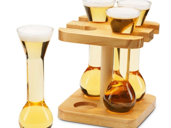 Ποτήρι Μπύρας Μίνι (Σετ 4Τμχ) Yards Of Ale 93485 Με Ξύλινη Βάση Natural-Clear The Source Ξύλο,Γυαλί