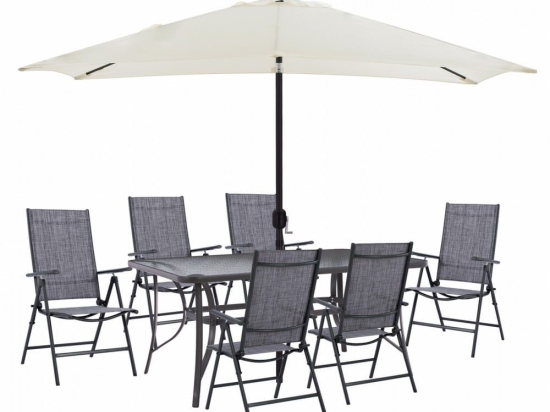 Τραπεζαρία HM11480 (Σετ 8τμχ) Με Ομπρέλα Beige Και Πολυθρόνες Grey 6 Θέσεων