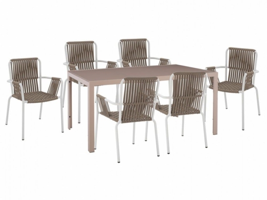 Τραπεζαρία HM11500 (Σετ 7τμχ) Με Τραπέζι Cappuccino 150Χ90 Και Πολυθρόνες White 6 Θέσεων