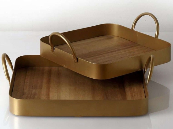 Διακοσμητικός Δίσκος (Σετ 2Τμχ) TAK312 36,5x34x9,5cm Beige-Gold Espiel Mdf,Μέταλλο