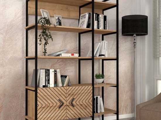 ΒΙΒΛΙΟΘΗΚΗ EDUARDO MEGAPAP ΜΕΤΑΛΛΙΚΗ - ΜΕΛΑΜΙΝΗΣ ΧΡΩΜΑ SAPPHIRE OAK 120X39X180ΕΚ.