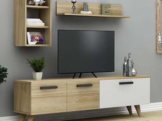 ΣΥΝΘΕΣΗ ΤΗΛΕΟΡΑΣΗΣ PIENZA MEGAPAP ΑΠΟ ΜΕΛΑΜΙΝΗ ΧΡΩΜΑ SAPPHIRE OAK - ΛΕΥΚΟ 140X30X46ΕΚ.