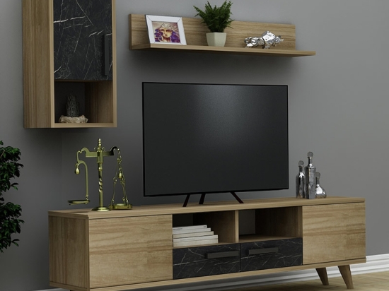 ΣΥΝΘΕΣΗ ΤΗΛΕΟΡΑΣΗΣ VINCI MEGAPAP ΑΠΟ ΜΕΛΑΜΙΝΗ ΧΡΩΜΑ SAPPHIRE OAK - ΜΑΥΡΟ ΕΦΕ ΜΑΡΜΑΡΟΥ 140X29,5X46ΕΚ.