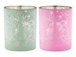 ΦΑΝΑΡΙ ΚΑΤΑΙΓΙΔΑΣ CYLINDRICAL "TROPIC" LEAF MOTIF ΓΥΑΛΙΝΟ ΠΡΑΣΙΝΟ PINK PU PCS. ASSORTED H. 125 CM D. 10 CM