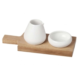 Πλατώ Σερβιρίσματος Με Δοχεία (Σετ 3Τμχ) 17x7,5cm White-Natural Raeder Ξύλο,Πορσελάνη